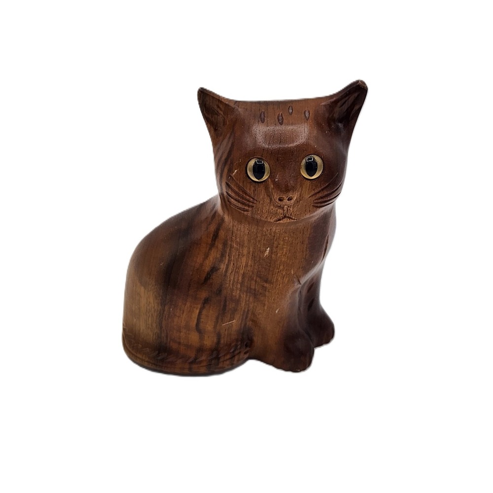 Oregon Myrtlewood Cat Hand Wood Carved 5" Cat Yellow Eyes By Ernie Bessler